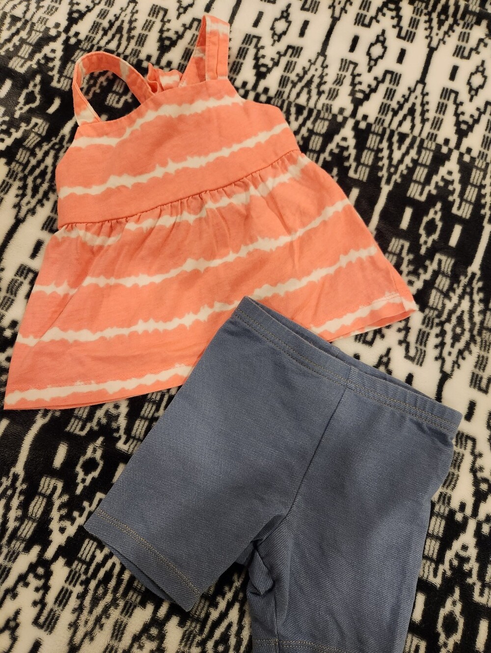 Girls Coral Pink Tie-Dye Tank Top with Blue Shorts, Size 18M